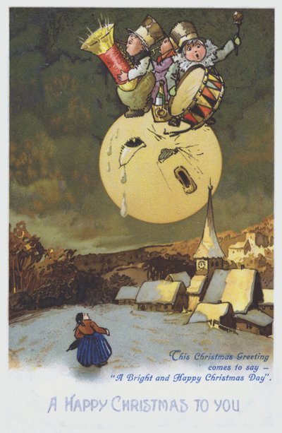 Julkort föreställande ett band av musiker på månen ovanför en snöig stad. (chromolitho) av European School