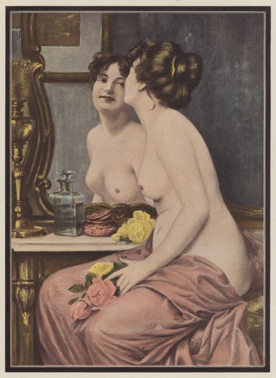 Coquetry, kvinna framför en spegel (färg litho) av European School