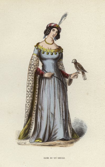 Lady of the 15th Century (färgad gravyr) av European School