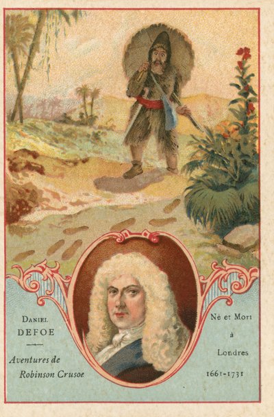 Daniel Defoe, engelsk romanförfattare, och en scen från Robinson Crusoe av European School