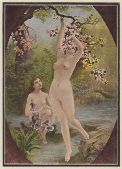 Evas döttrar, kvinnor med trädblomning (färg litho) av European School