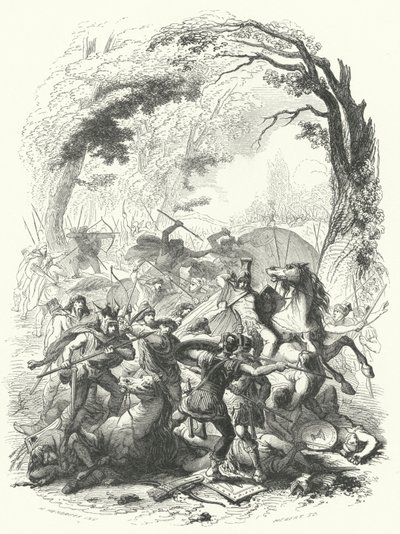 Den romerska arméns nederlag under Sabinus och Cotta av gallerna, 54 f.Kr. (gravyr) av European School