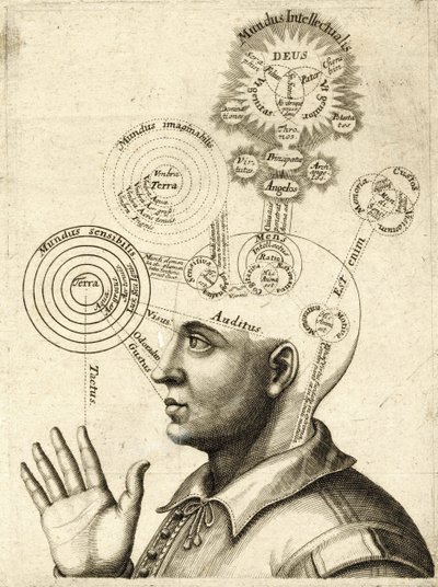 Diagram över människans tänkande och de fyra sinnena, ca 1650 (gravyr) av European School