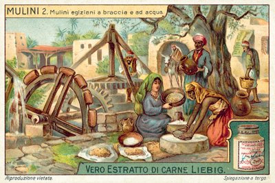 Egyptiska hand- och vattendrivna kvarnar (chromolitho) av European School