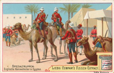 Engelska soldater på kameler, Liebig-kort, tidigt 1900-tal (chromo) av European School