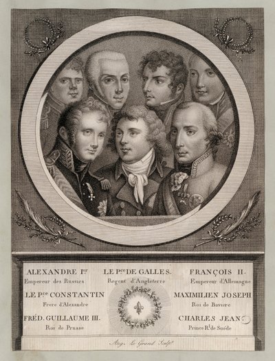 Europeiska kungligheter i början av 1800-talet: Tsar Alexander I av Ryssland; George, prins av Wales, regent till kung George III; Frans II, tysk-romersk kejsare; storhertig Konstantin Pavlovitj av Ryssland; Maximilian Joseph, kung av Bayern och kurfurste  av European School