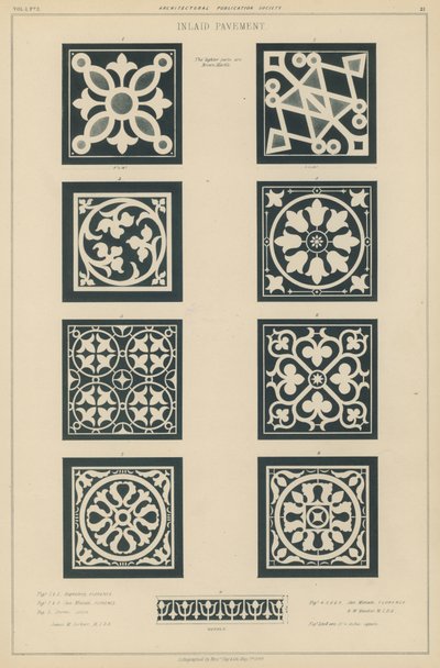 Exempel på inlagd trottoar från dopkapellet och kyrkan San Miniato al Monte, Florens, och katedralen i Lucca, Italien (litho) av European School