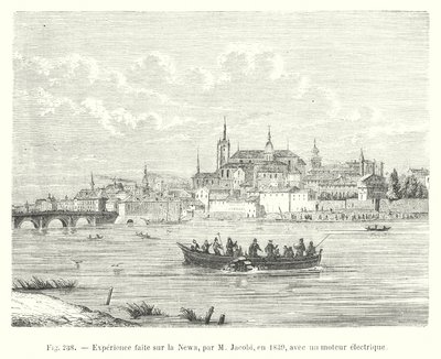 Erfarenhet gjord på Newa, av M Jacobi, 1839, med en elektrisk motor (gravyr) av European School