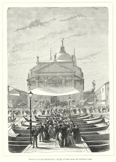 Festival of the Redentore, bro av båtar över Giudecca-kanalen (gravyr) av European School