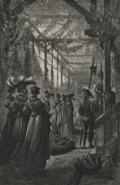 Fest i ett växthus, efter en gravering från 1400-talet (gravyr) av European School