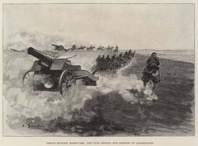 Franska militära manövrar, nya vapen kommer i position vid Valfroicourt (gravyr) av European School