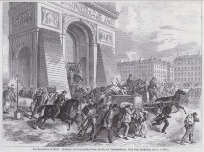 Flyktingar från den franska arméns bombardemang av Neuilly som passerade Triumfbågen, Paris kommun, april 1871 (gravyr) av European School