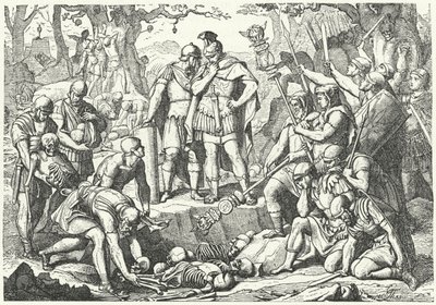 Germanicus begraver benen av soldater från de tre romerska legionerna under befäl av Publius Quinctilius Varus som förstördes av tyskarna i slaget vid Teutoburgerskogen år 9 f.Kr. (gravyr) av European School