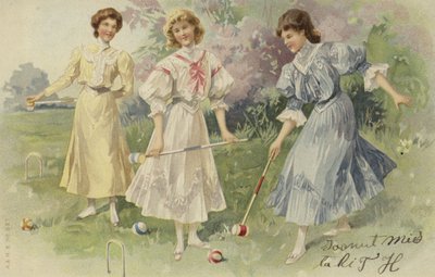 Flickor som spelar krocket (chromolitho) av European School