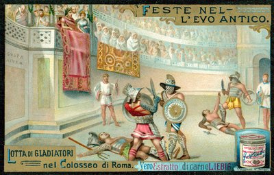 Gladiatorstrid i Colosseum, Rom (chromolitho) av European School