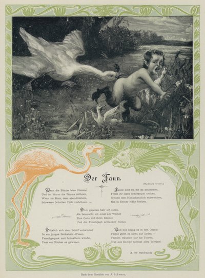 Gås som jagar en faun (färgad gravyr) av European School