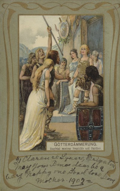 Gotterdammerung, Siegfried tar emot Brunhilde och Gunther (färglitografi) av European School