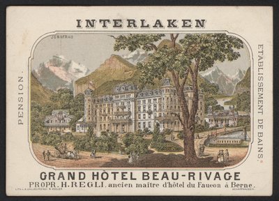 Grand Hotel Beau-Rivage, Interlaken (färgad gravyr) av European School