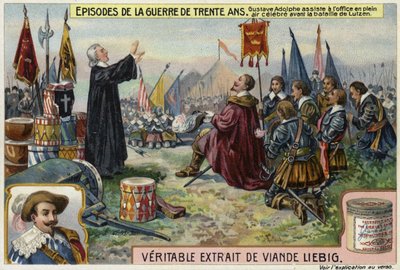 Gustavus Adolphus av Sverige deltar i en friluftstjänst före slaget vid Lutzen, Tyskland, 1632 av European School