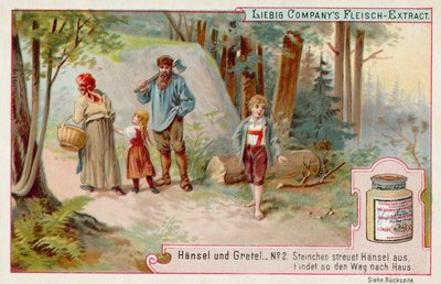 Hansel och Gretel: Hansel lämnar ett spår av småsten för att hitta vägen hem (chromolitho) av European School