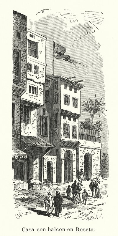 Hus med balkong i Rosetta, Egypten (litho) av European School