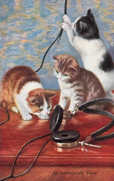 Humoristiskt kattvykort (färglitografi) av European School