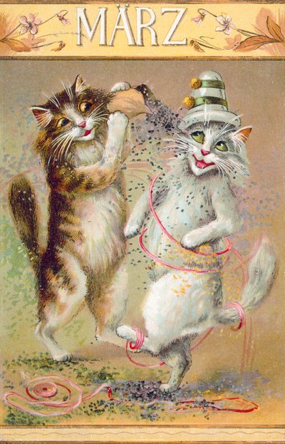 Humoristiskt kattvykort (färglitografi) av European School