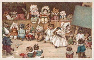 Humoristiskt kattvykort (färglitografi) av European School