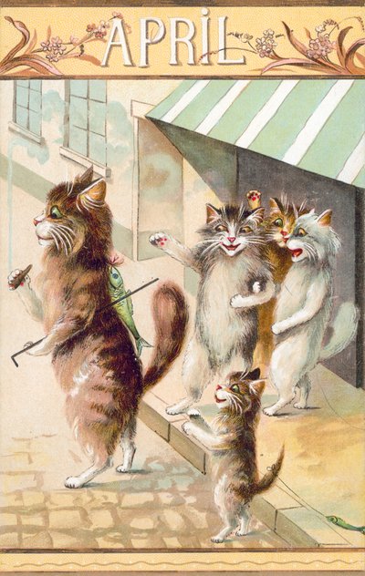 Humoristiskt kattvykort (färglitografi) av European School