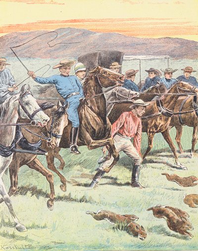 Jakt på kaniner i Australien (färglitografi) av European School