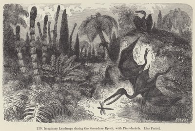 Imaginärt landskap under den sekundära epoken, med Pterodactyls, Lias Period (gravyr) av European School