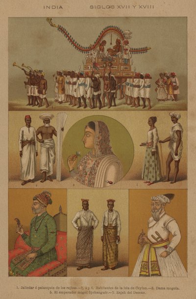 Indien, 1600- och 1700-talen (färg litho) av European School