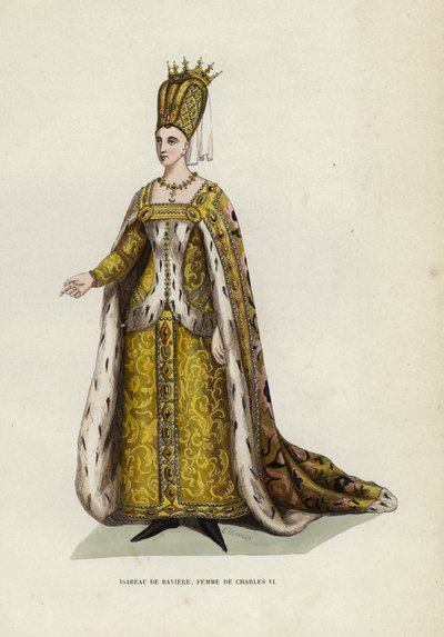 Isabeau De Baviere, hustru till Charles VI (färgad gravyr) av European School