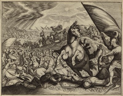 Israeliter som besegrade den amoritiska armén efter att Josua befallde solen och månen att stå stilla (gravyr) av European School