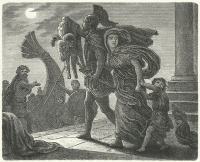 Jason flyr från Colchis med Medea och det gyllene skinnet på Argo (gravyr) av European School
