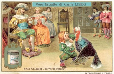 Jeffrey Hudson, engelsk hovdvärg och gycklare vid kung Charles I:s hov och drottning Henrietta Maria (chromolitho) av European School