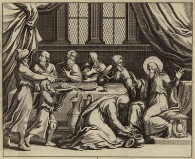 Jesus Kristus smord av en syndfull kvinna i farisén Simons hus (gravyr) av European School