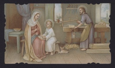 Jesus Kristus som pojke med sin mor, Maria, i Josefs snickeri (chromolitho) av European School