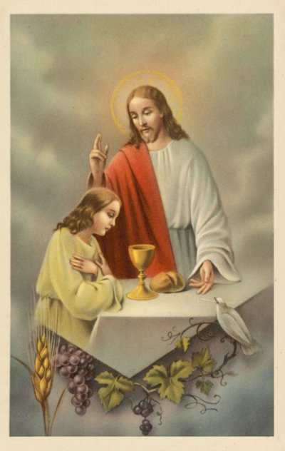 Jesus Kristus välsignar en flicka som tar nattvarden (färglitografi) av European School