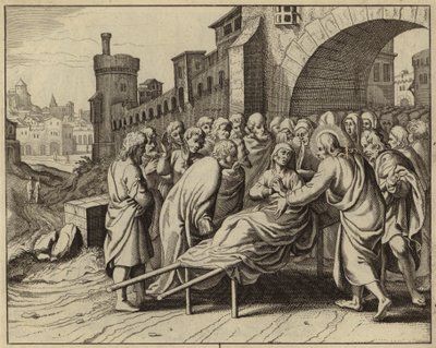 Jesus Kristus uppväcker sonen till änkan i Nain från de döda (gravyr) av European School