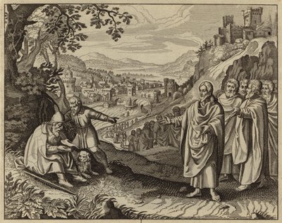 Jesus Kristus återställer synen på en blind tiggare (gravyr) av European School
