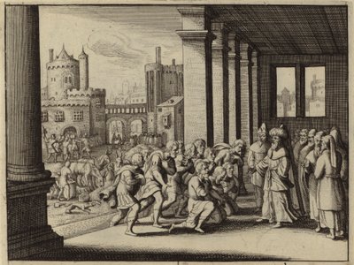 Joseph, som storvesir av Egypten, anklagar sina halvbröder för att vara spioner (gravyr) av European School