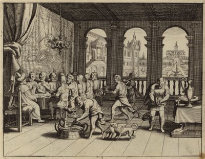 Josef serverar en bankett för sina bröder i Egypten (gravyr) av European School