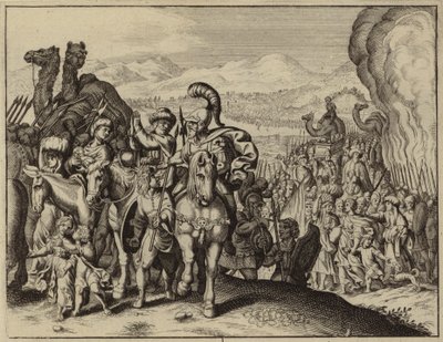 Josua och israeliterna korsar Jordanfloden och går in i Kanaan (gravyr) av European School