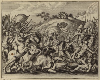 Josua och israeliterna besegrar amalekiterna medan Mose ber på en bergstopp (gravyr) av European School