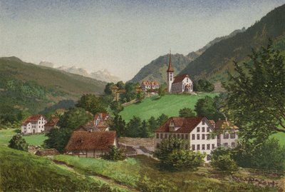 Vierwaldstättersjön: Burglen (färg litho) av European School