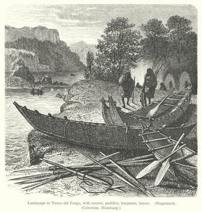 Landskap i Tierra del Fuego, med kanoter, paddlar, harpuner, lansar (gravyr) av European School