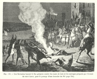 Saracenerna avfyrar grekisk eld mot trätornen och de verk som förbereddes av Saint Louis armé, för passage av en gren av Nilen (gravyr) av European School