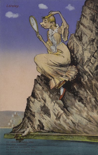 Lorelei, beundrar sig själv i en spegel (färg litho) av European School
