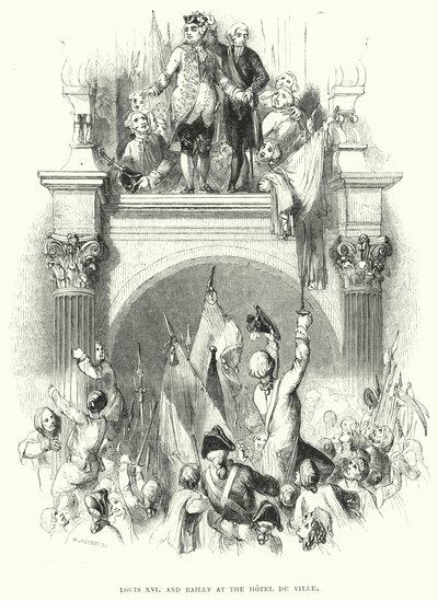 Louis XVI och Bailly på Hotel de Ville (gravyr) av European School